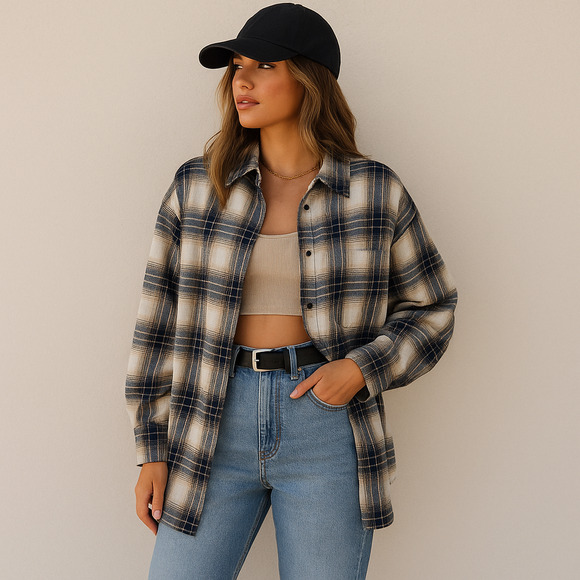 Princess Polly Tops - Princess Polly Oversized Plaid Button Down Shirt Beige Navy Flannel Shacket Sz 0